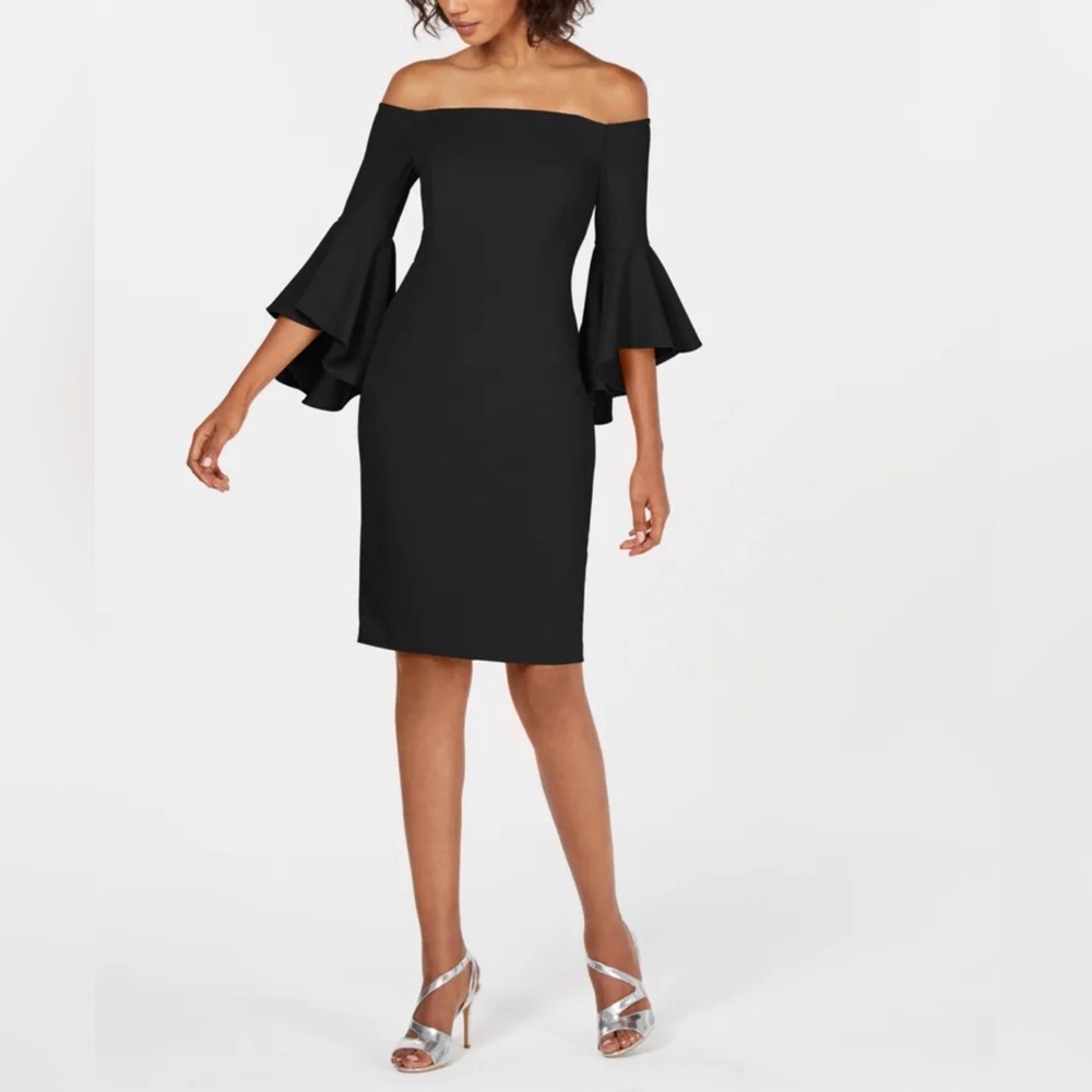 NWT Calvin Klein Black Off-the-Shoulder Bell Sleeve Sheath Cocktail Dress- Sz 6